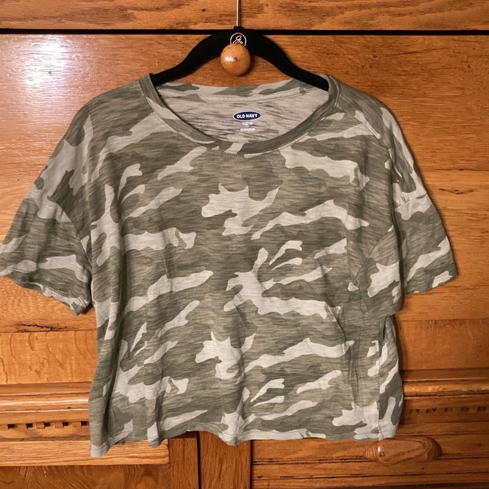 Old Navy Y2K Green Camo Slub Knit Crop Tee Shirt Womens Medium Streetwear 90s